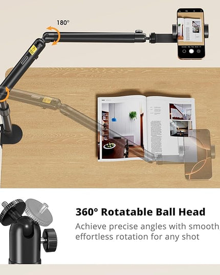 Overhead Camera Mount, Adjustable Desk Mount with Flexible Aluminum Spring Arm, 360° Ball Head, 1/4" 3/8" Screw & Phone Clamp for DSLR Cameras, Light, Heavy Microphones, and Smartphones