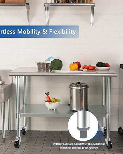 HARDURA Stainless Steel Table with Wheels 30 x 60 Inches Casters NSF Heavy Duty Commercial Work & Prep Table with Undershelf and Galvanized Legs for Restaurant Kitchen Bar and Hotel Garage