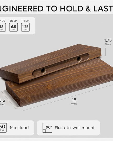 Homeforia Classic Walnut 18 inch Floating Shelf, High End Solid Real Wood Small 18inch Floating Shelves for Wall Mounted, 18in Floating Shelves, Heavy Duty Bracket, 18 X 6.5 X 1.75 inches, Set of 3