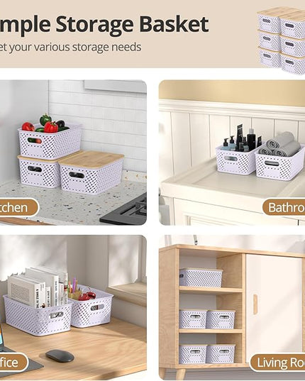 Plastic Storage Bins with Bamboo Lids, Stackable Small Box Baskets for Organizing and Containers for Shelves Drawers Desktop Closet Pantry Classroom Office Home, 6 Pack 10.2"x7.2"x4.1" Lavender