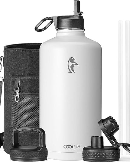 Coolflask 128 oz Gallon Water Bottle Insulated with Straw &3 Lids, Water Jug Large Stainless Steel Metal Vacuum Wide Mouth for Sports, Gym or Office, Non-BPA Keep Cold 48H Hot 24H, White