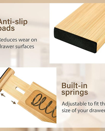 Bamboo Drawer Divider Set of 4, Adjustable Spring-Loaded Drawer Organizer (16.9"-22.2"), 2.3" Height, Suitable for Kitchen, Desk, Bathroom, Clothing, and Miscellaneous Drawer Organization, Natural