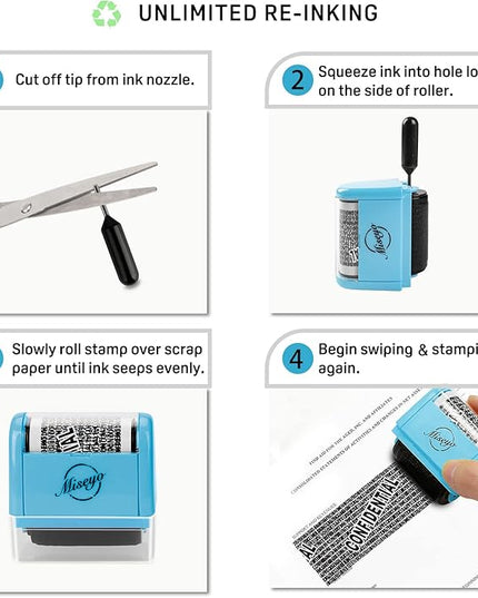 Miseyo Identity Theft Protection Roller Stamp Set - Blue (6 Refill Ink Incleded)