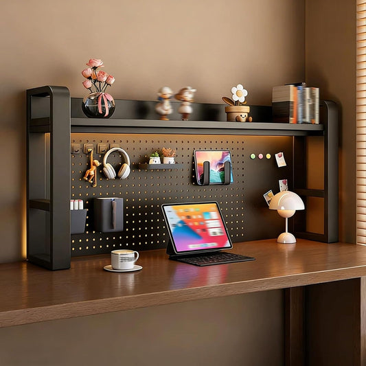 TRCBADOWKC 2/3/4 Tier Desktop Bookshelf with Pegboard and Storage Parts, Metal Desktop Organizer Hutch, Desk Shelves for Top of Desk, Shelf Organizer Display Rack for Dorm Home(Black,2-Tier L21.6in)