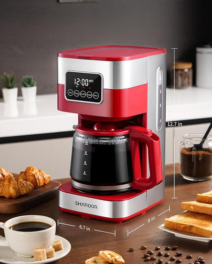 SHARDOR 10-Cup Programmable Coffee Maker, Regular & Strong Brew Drip Coffee Machine for Home and Office, Auto Shut Off, Permanent Filter (red)