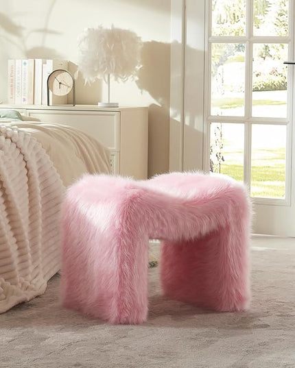 Vanity Stool Chair Small Footstool Ottoman Faux Fur Seating Backless Modern Foot Rest Ottoman Furry for Makeup Room Living Room Bedroom Entryway,Pink (Single 1)
