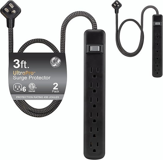GE UltraPro 6-Outlet Surge Protector, 2 Pack, 3ft Braided Cord Power Strip Surge Protector, Surge Protector Power Strip, 450 Joules, Black, 74544