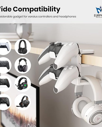 3-in-1 PC Gaming Headset&Controller Holder - EURPMASK Headphone Stand w/Adjustable Clamp&2 Controller Holder&Rotating Arm&Cable Organizer, Universal PC Gaming Accessory Controller Headset Stand-White