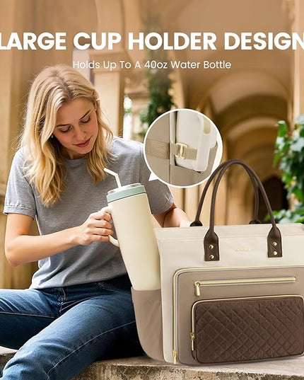 LOVEVOOK 17 Inch Laptop Tote Bag for Women, Teacher Nurse Work Bags, Laptop Bag With Large Cup Holder, Professional Briefcase Business Computer Purses Handbag Gifts,Khaki-Beige-Coffee