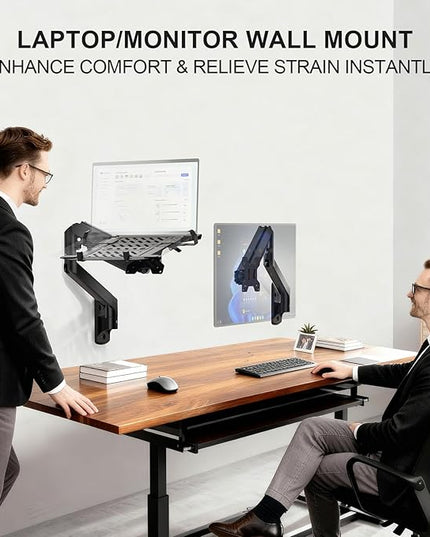 WALI Laptop Wall Mount, Full Motion Adjustable Laptop Arm Fits 10 to 17" Notebook, 2-in-1 Monitor Wall Mount for 17 to 32" Computer Screen, Holds up to 15.4-22lbs(GSWM001NLP), Black