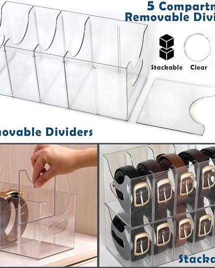 Belt Organizer - Clear Stackable Belt holder for Closet and Drawer Storage - 5 Compartments with Removable Dividers, Multi-Purpose Display Bins With Inserts For Ties, Socks, underwear (1)