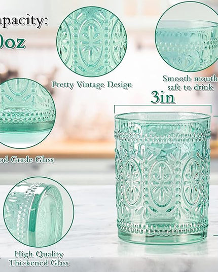 Glassware set of 4, Vintage Drinking Glasses, 10oz Heavy Duty Glass Cups, Colored Glassware Set, Embossed Glasses Set for Party Wedding Home Office Glassesware Gift