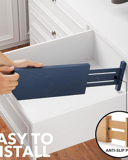SpaceAid Bamboo 4 Pack Dresser Drawer Dividers, 4.65“ High Adjustable 12.5“-17” Drawer Organizers, Expandable Organization for Clothing, Clothes, Dressers, Navy Blue