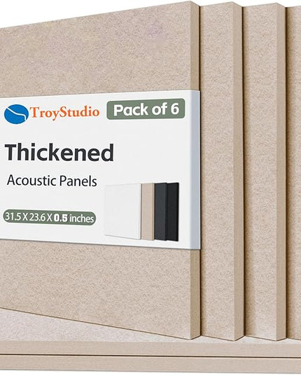 TroyStudio Thickened Acoustic Panels, 31.5 x 23.6 x 0.5 Inches Pack of 6 Felt Wall Decor Tile Sound Absorbing Board, Noise Reverb Echo Dampening Soundproof Padding for Door Music Recording Home Studio