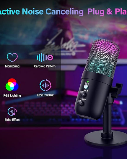 USB Microphone, Computer Condenser Mic with Noise Cancellation, Echo Mode, RGB Lighting, Mute Button, Plug & Play Gaming Mic for PC, Mac, PS5, Streaming, Recording, Podcasting & Online Meetings