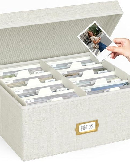 Decorative Photo Storage Box - Linen Photo Box Organizer with Dividers, Fits Holds Up to 1700 Pictures and 4x6 Photos, Memory Keepsake Organizer for Photos, Scrapbook Supplies, Cards, Stamps (Beige)