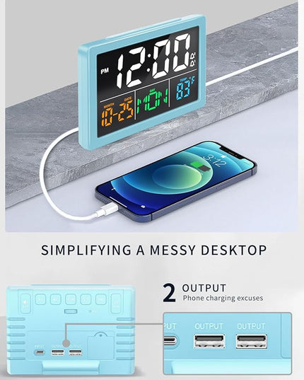 Digital Alarm Clock, with 5.5" Large LED Time Display, Adjustable Alarm Volume, 6 Level Brightness, Alarm Settings, USB Charger, Temperature Detect, Snooze, Clocks for Bedroom, Bedside, Desk, Blue