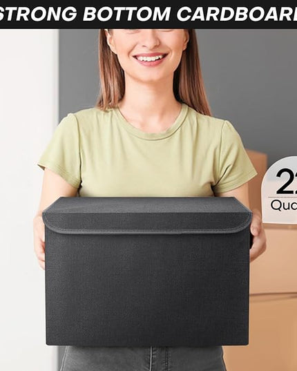 Large 22 Quart Linen Fabric Foldable Storage Bin Cube Organizer Basket with Flip-Top Lid & Handles, Clothes Blanket Box for Home, Office, Closet, Black, 4 Pack 14.6 x 9.5 x 9.5”