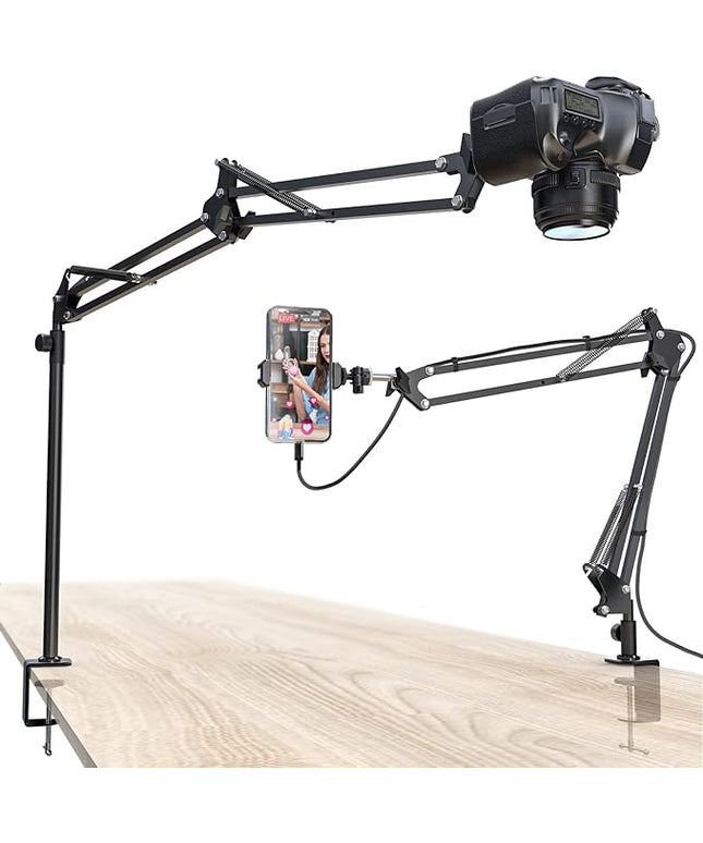 Overhead Camera Mount, 5lb Horizontal Load-Bearing, 360° Adjustable Stand for Desk, Flexible with Phone Clamp, Tabletop Mount for DSLR Camera/Webcam/Microphone