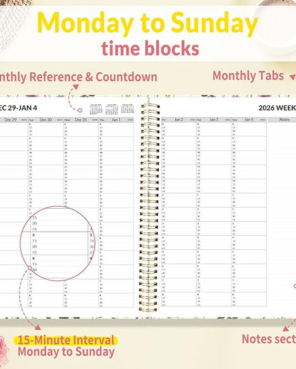 SUNEE 2026 Appointment Book 15-Minute Time Block - Daily, Weekly & Monthly Spiral Planner with Note Section - Thick Paper, Lay-Flat Bound - 8.5 x 11 for Office, School, Men & Women, Wildflowers
