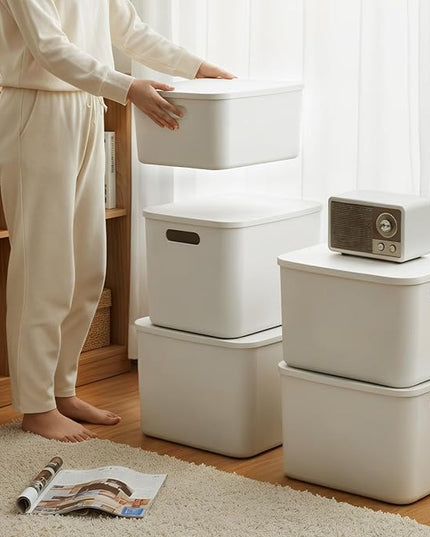 ANMINY 12PCS Plastic Storage Bins Containers with Lids, Large White Storage Organization Bins Boxes, Lidded Plastic Storage Baskets for Closet Shelves Drawers Desktop Home Office, White
