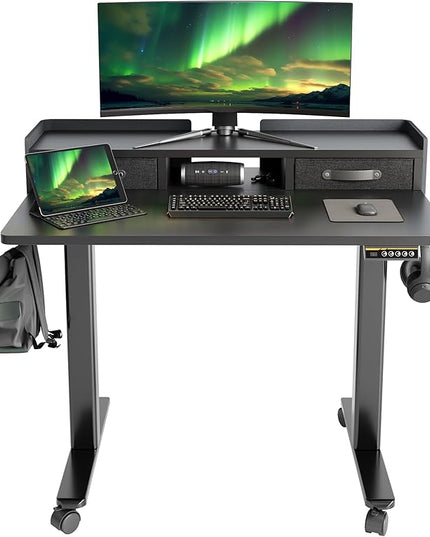 Claiks Standing Desk with Drawers, Adjustable Stand Up Electric Small Standing Desk Adjustable Height with Storage Shelf and Splice Board, 40 Inch, Black