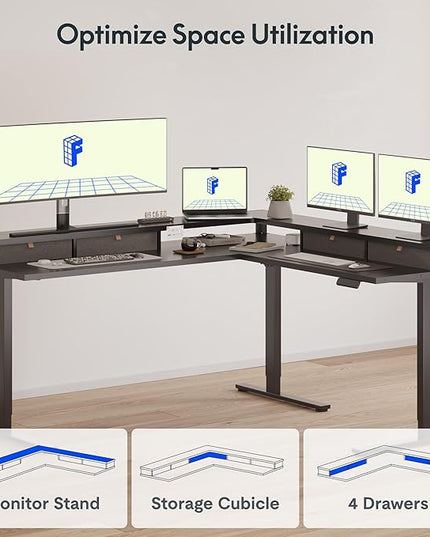 FLEXISPOT 63" L Shaped Standing Desk Electric Corner Table with Monitor Shelf, 4 Storage Drawers, Adjustable Computer Workstation for Home, Office, Game, Studio, Black Top + Black Frame