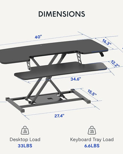 FLEXISPOT 40" Wide Standing Desk Converter Sit to Stand up Riser Height Adjustable Computer Workstation with Spacious 2-Tier Desktop, Black