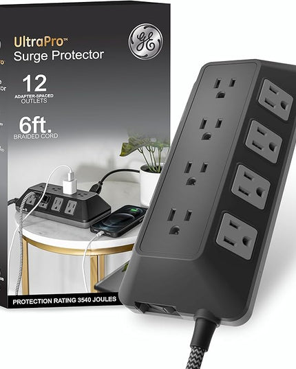 GE UltraPro Adapt 12-Outlet Surge Protector, 6ft Braided Heavy Duty Extension Cord, Flat Plug Power Strip, 3540 Joules, Black, 74542