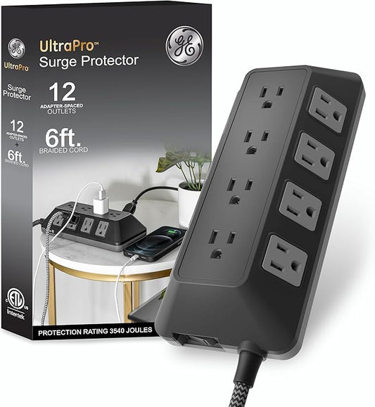 GE UltraPro Adapt 12-Outlet Surge Protector, 6ft Braided Heavy Duty Extension Cord, Flat Plug Power Strip, 3540 Joules, Black, 74542