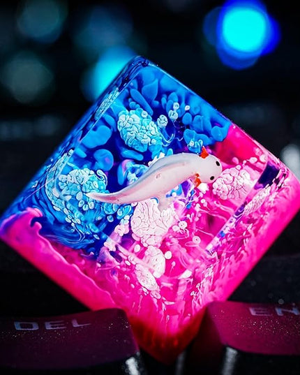 Cute Axolotl in Pink and Blue Ocean Coral Artisan Keycap R1 SA Profile Custom Animal Keycaps 1U ESC Handmade Gaming Resin Key Cap Cherry MX Switch Compatible Mechanical Keyboard Axolotl Lover Gift