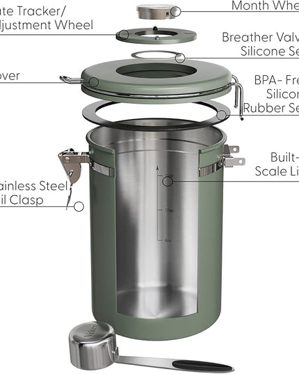Veken Coffee Canister with Window, Airtight Stainless Steel Kitchen Food Storage Container with Lids, Date Tracker and Scoop for Grounds Coffee, Beans, Tea, Flour, Cereal, Sugar Jars, 22OZ, Green