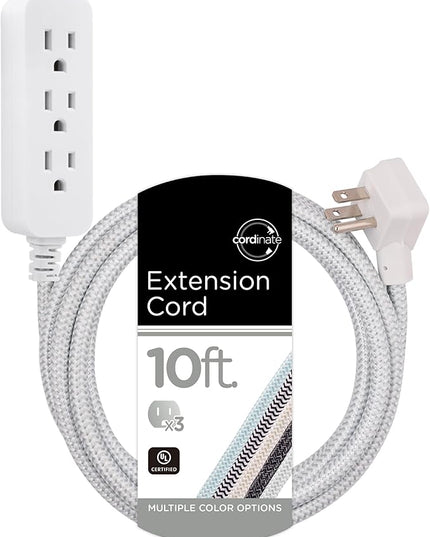 Cordinate 3 Outlet Power Strip Surge Protector Indoor Extension Cord 16 Gauge 10 Ft 3 Prong Braided Extension Cords Flat Extension Cord ETL Listed White 37914