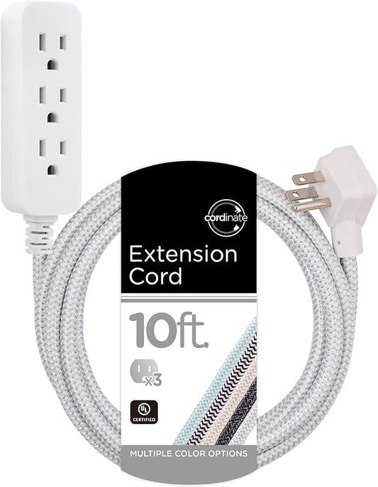 Cordinate 3 Outlet Power Strip Surge Protector Indoor Extension Cord 16 Gauge 10 Ft 3 Prong Braided Extension Cords Flat Extension Cord ETL Listed White 37914