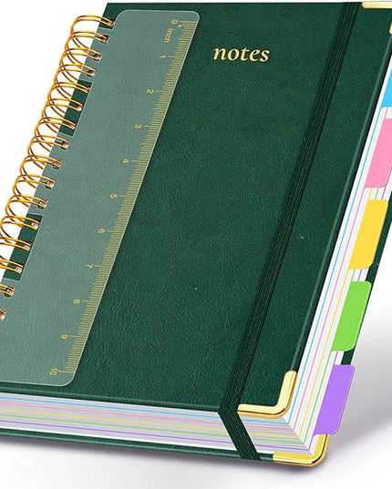 Hardcover Spiral Notebook 8.5"x11" Journal Notebook with Tabs and Removable Dividers 300 Pages 5 Subject Notebook College Ruled, Faux Leather Spiral Bound Notebook for Women School Work(Green)