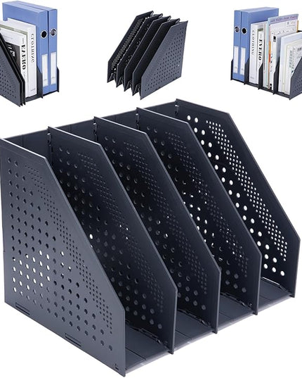 Collapsible Magazine File Holder with 4 Vertical Compartments Foldable Binder Holder for Desk Binder Storage Organizer Plastic Magazine Holders for Shelf, Dark Gray