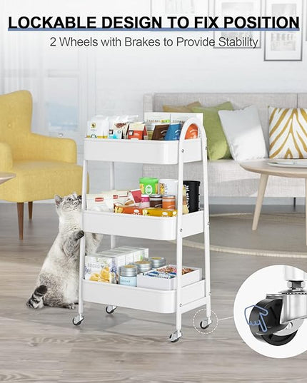 EAGMAK 3 Tier Utility Rolling Cart, Metal Storage Cart with Handle and Lockable Wheels, Multifunctional Storage Organizer Trolley with Mesh Baskets for Kitchen, Living Room, Office, Garage (White)