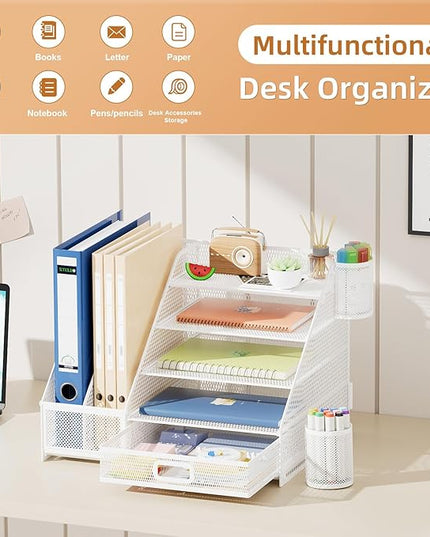 Marbrasse Desk Organizer with File Holder, 5-Tier Paper Letter Tray Organizer with Drawer and 2 Pen Holder,Mesh Desk Organizers and Accessories,Desktop Organizer and Storage for Office Supplies(White)
