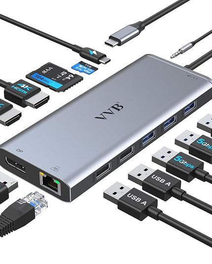 USB C Laptop Docking Station Dual Monitor HDMI for Dell/HP/Lenovo Laptop Type C Hub Multiport Adapter Dongle Dock,USB C to 2 HDMI+DisplayPort DP+Ethernet+100W USB C Power Charge Port+5USB+SD/TF+Audio