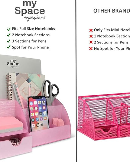 Pink Desk Organizer Office, Acrylic, with Drawer, 9 Compartments, Supplies and Cool Desk Accessories Organizer, Desktop Pen Holder (Pink)