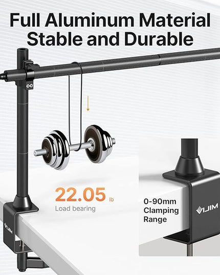 JUSMO LS15 Pro Camera Desk Mount, Aluminum Overhead Camera Mount Rig, Table Multi-Device Pole to Mount Magic Arm Clamp, DSLR, Cameras, Phone, Light, Microphone, Streaming, Studio, Max Load 22 lb