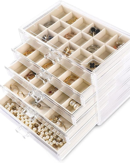 Frebeauty Acrylic Jewelry Organizer Earring Organizer Box with 5 Drawers Earring Holder Organizer with Velvet Trays Clear Jewelry Box for Women Earring Display for Rings Studs(Beige)