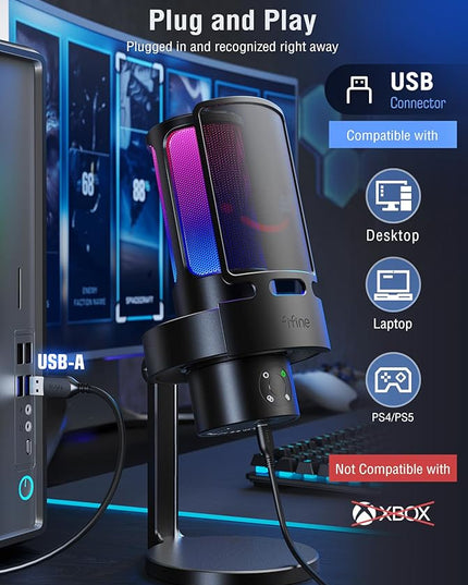 FIFINE Gaming USB Microphone, PC Computer Mic with 4 Polar Patterns for Podcast Streaming Recording YouTube, RGB Condenser Desktop Mic for Windows, Mac, with Headphone Jack-AmpliGame A8 Plus