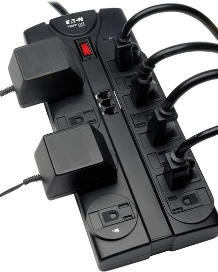 Eaton Tripp Lite TLP1208TEL Home Theater Surge Protector Power Strip, 12 Outlets, Flat Plug 8ft Extension Cord, 2160 Joules | RJ11 Port for Phone Land Line Protection