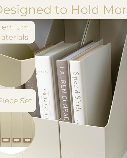 BLU MONACO | Cardboard Magazine File Holder Set of 6 | Vertical Magazine File Holder with Label Slots | Beige Linen Foldable File Organizers for Desk Shelf Office
