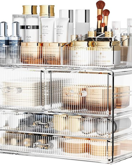 ZHIAI Stackable Storage Drawers, Acrylic Bathroom Counter Organizer Clear Makeup Organizers for Vanity, Kitchen Cabinets, Bathroom, Undersink, Home Organization and Storage (1 Top 4 Drawers D)