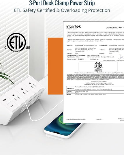 Tecmojo Desk Clamp Power Strip 3 Outlet with 1 USB A and 2 USB C Ports, 6 ft Cord, Desk Outlet Station Fit 1.6" Tabletop Edge,ETL Listed,White