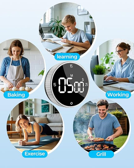USB Rechargeable Magnetic Kitchen Timer for Cooking, Building 800mAh Battery Large Display Digital Countdown Timer, 3 Preset 5/15/25 Mins Loud Alarm for Baking Grilling Studying - Silver