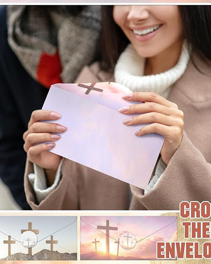 TaoBary 160 Pcs Stationery Paper Set 50 Double Sided Stationery Papers with 50 Matching Envelopes and 60 Round Dot Sticker, 10 Design(Religious Letter with Cross,8.5 x 11 Inch)