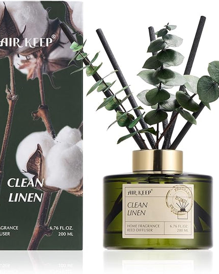 Airkeep Reed Diffuser Set with 6.76 fl oz Clean Linen Scent Essential Oils and 3 Leaves & 8 Diffuser Sticks,Bathroom Shelf Decor & Air Freshener, House Bedroom Office Decor & Gifts